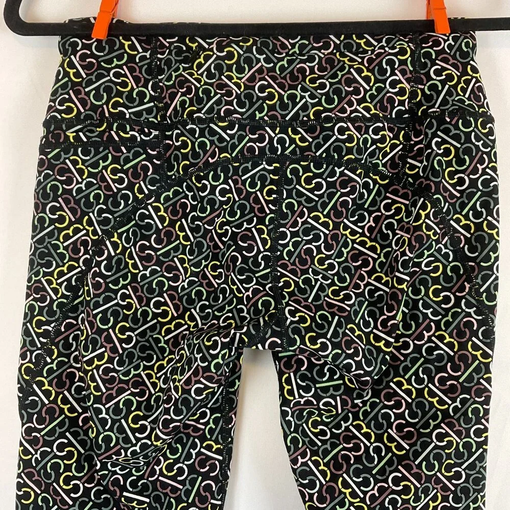 Sweaty Betty Power Crop Leggings 4/6 Black Yellow Green Pink Monogram Print Tech